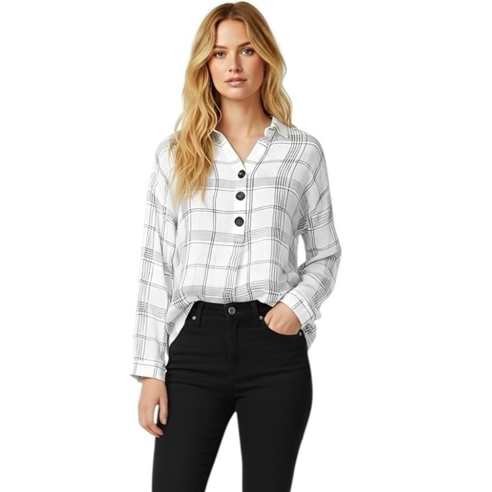 J. Jill Linen Blend Plaid Blouse Check Dark Academia Grunge Edgy Size Medium